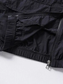 SHEIN Teen Girls Casual Fashion Woven Crinkled Fabric Hooded Short Jacket With Elastic Hem And Cuffs, Loose Fit Comfortable Design, Suitable For Spring, Summer, Autumn, Daily Commute, Outings, Gatherings, And Photo Shoots - Black - View 6