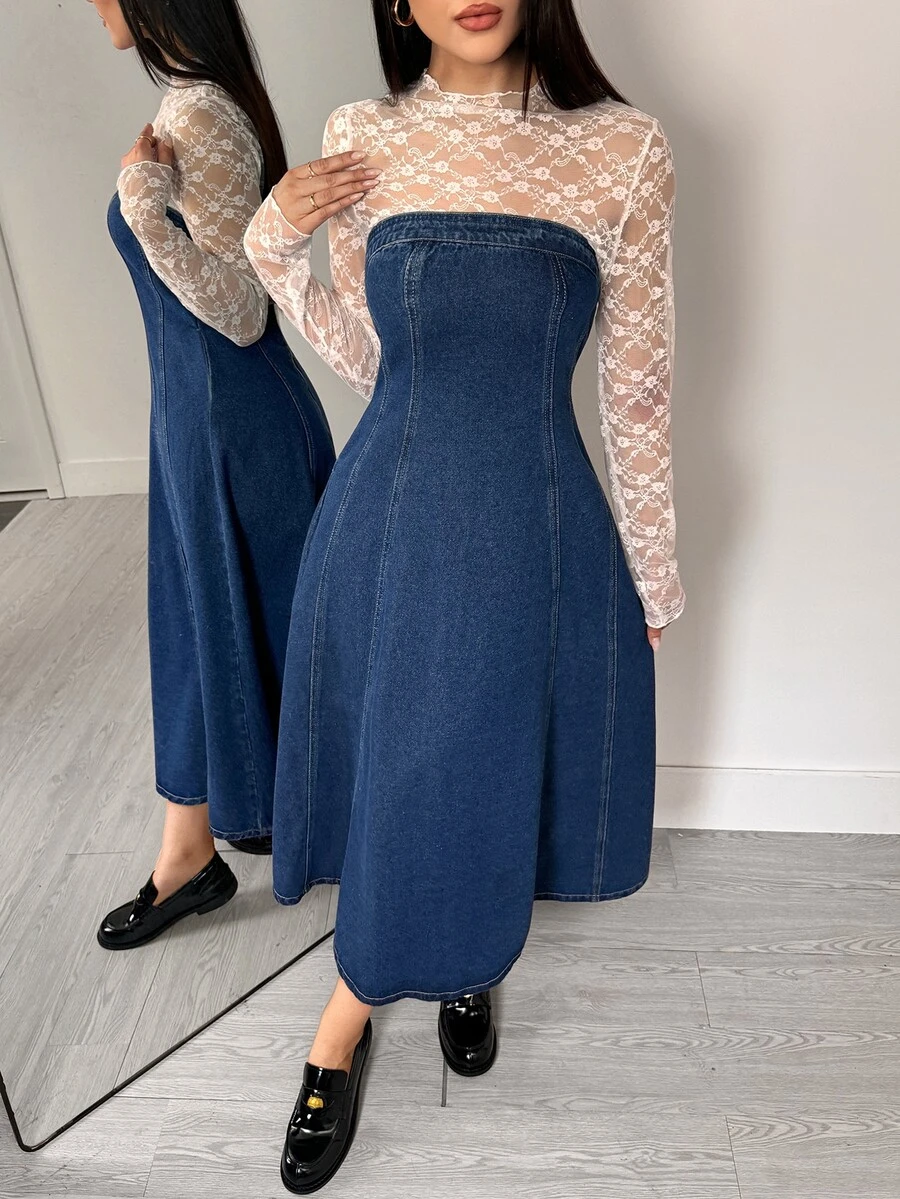Flexra Gaun Midi Tanpa Tali Serbaguna untuk Komuter, Warna Denim Biru Tua Vintage Prancis dengan Potongan 3D Segmen yang Mempertegas Pinggang dan Menyanjung Tubuh