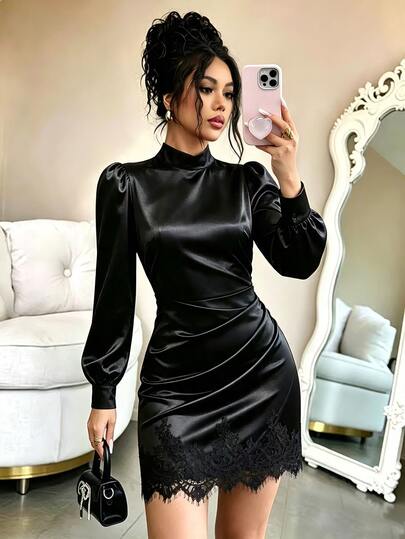 SHEIN LUNE Women's Elegant Black Satin Dress, Half-High Neck, Puff Long Sleeves, Cinched Waist, Pleated Skirt Hem With Lace Patchwork, Sophisticated Little Black Dress, Lace Trim, Suitable For Commuting And Dating