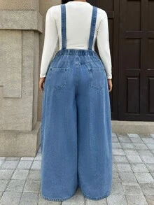 Rivivi Plus Size Loose Wide Leg Denim Jumpsuit With Pocket - Blue - View 2