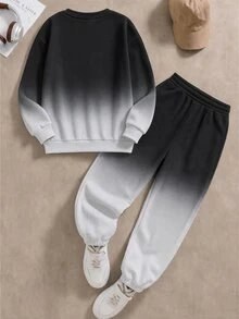 2pcs/Set Setelan Sweatshirt Kasual Modis Nyaman untuk Anak Laki-laki Remaja, Atasan Lengan Panjang Cetak Digital, Pakaian, Pakaian Musim Gugur/Dingin, Setelan Sweatshirt dan Celana Olahraga Leher Bulat Gradien Hitam & Abu-abu - MultiWarna - View 4