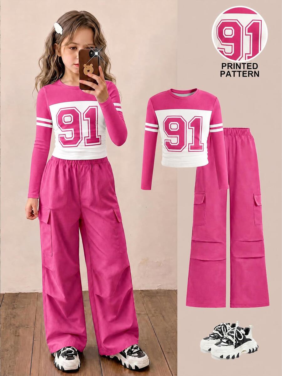 1 Set Street Style Digital Number 91 Print Girls Big Kids Fuchsia Long Sleeve Slim Fit Top And Fuchsia Straight Leg Pants Set, Fuchsia Cargo Pants, Suitable For Autumn/Winter, Fashion Casual - Multicolor - View 1