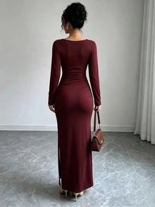 Modelyn Women's Elegant Commute Solid Color Slim Fit Long Dress - Red - View 2