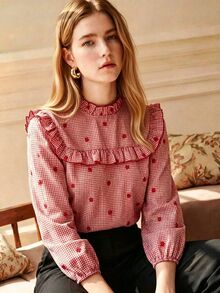 Écloséra Women's French Vintage Plaid Ruffle Trim Blouse, Plaid Embroidered Puff Long Sleeve Ruffle Collar Shirt, Suitable For Commuting, Vacation, Daily Wear - Red - View 5
