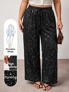 Hourglow Plus Size Drawstring Waist Sequin Fashion Straight Leg Loose Fit Long Pants - Black - View 1
