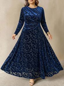 SHEIN CURVE+ Plus Size Women's Floral Print Long Sleeve Pleated Elegant Dress Fall - Blue - View 3