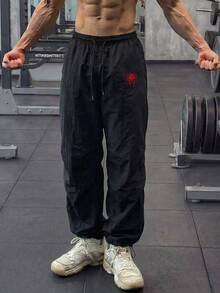 GymBeat Men's Spider Pattern Print Drawstring Waist Sports Long Pants - Black - View 3