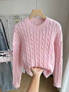 SHEIN 青少年女孩白色粗針編織繩紋V領長袖毛衣，適合搭配外套、牛仔褲、裙子 - 粉色 - 查看 1