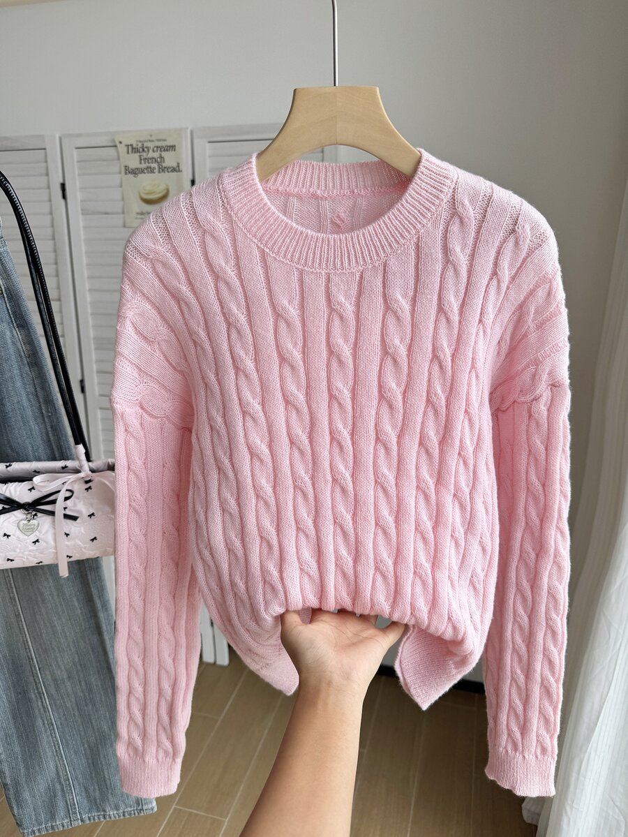 SHEIN 青少年女孩白色粗針編織繩紋V領長袖毛衣,適合搭配外套、牛仔褲、裙子 - 粉色 - 查看 1