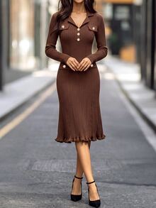 SHEIN Autumn/Winter Fashion Vintage V-Neck Faux Pocket Knit Sweater Dress - Coffee Brown - View 6
