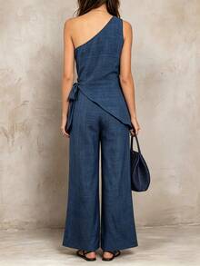 Breezaya Women's Solid Color One-Shoulder Top And Pants Casual Daily Two Pieces Set - Navy Blue - View 2