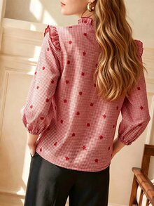 Écloséra Women's French Vintage Plaid Ruffle Trim Blouse, Plaid Embroidered Puff Long Sleeve Ruffle Collar Shirt, Suitable For Commuting, Vacation, Daily Wear - Red - View 2