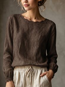 SHEIN Women's Casual Elegant Light Linen Color Round Neck Lace Trim Minimalist Commute Versatile Daily Blouse - Brown - View 3