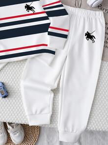 1 Set Toddler Simple Retro Casual Striped Sweatshirt Outfit, Classic Contrast Striped Knight Pony Print Craft, Crew Neck Long Sleeve Lightweight Sweatshirt And Sweatpants 2-Piece Set, Suitable For Daily School, Outdoor Outings, Shopping, Gatherings, Home Wear And More Occasions, Stylish Versatile Sports Outfit For Baby Boys, Spring/Autumn - Multicolor - View 5