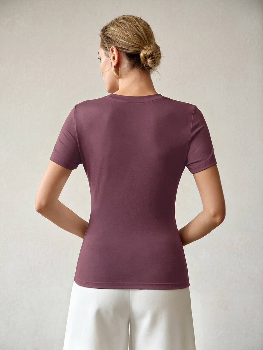 MOTF PREMIUM SUMMER FASHION VERSATILE SLIMMING CREW NECK WOMEN'S T-SHIRT - Purple - View 2