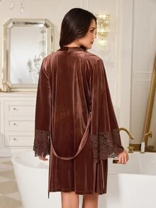 LuxeNights Women's Middle Eastern Elegant Lace Patchwork Brown Velvet Camisole & Shorts 3 PiecesPajama Set - Brown - View 2