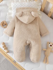SHEIN Newborn Bear Hooded Footed Fuzzy Jumpsuit Cartoon Embroidery For Baby Shower Outdoor Photo Shoot - Khaki - View 2