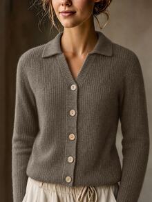 SHEIN Women Polo Neck ButtonDown Heather Knit Cardigan, Versatile Long Sleeve Fall Winter Casual Commuter Coffee Brown Sweater Top - Mocha Brown - View 4