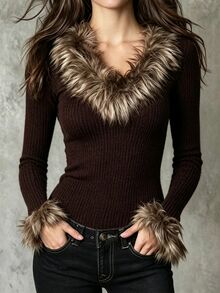 LUMIGAL Women's Fuzzy Patchwork Fitted Versatile Daily Casual Long Sleeve Sweater - Brown - View 3