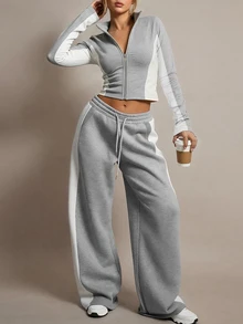 Trelyra Women's Cropped Long Sleeve Sweatshirt And Drawstring Waist Striped Loose Pants 2 Pieces Set - Blue and White - View 1