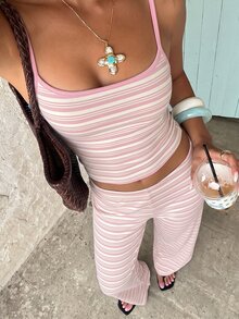 Aloruh 女款休閒居家服條紋細肩帶背心與長褲套裝 - 淺粉色 - 查看 7