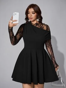 Viva Relle Gaun Pesta Kasual Patchwork Renda untuk Wanita Ukuran Plus - Hitam - View 6
