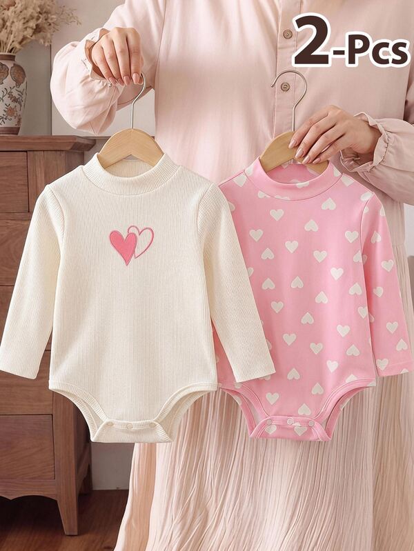 SHEIN Conjunto de 2 peças de macacões infantis para bebé menina com padrão de coração, manga comprida, forro de polar, confortáveis e versáteis, casuais, macios, adequados para interior, exterior e qualquer ocasião