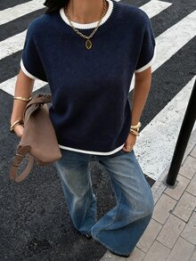 Siren Gaze 女款拼色圓領蝙蝠袖短袖休閒學院風針織上衣 海軍藍與白色 - 藏蓝色 - 查看 5