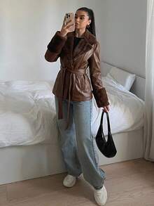SHEIN EZwear Solid Color Long Sleeve Casual Streetwear Elegant PU Patchwork Waisted Jacket With Drawstring In Fall/Winter Night Out Brown - Coffee Brown - View 3