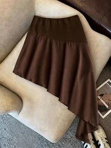 SHEIN EZwear Premium Maillard Sexy Style Sexy Asymmetrical Patchwork Satin Ribbon Skirt - Coffee Brown - View 2