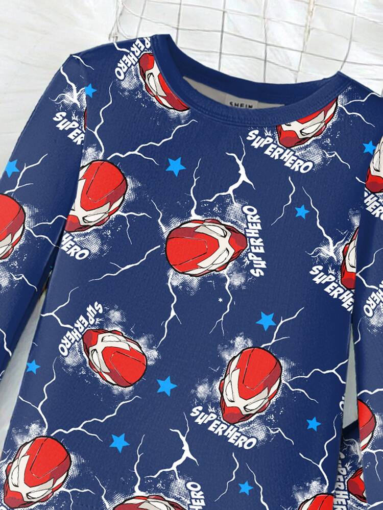 Boys' Glow-In-The-Dark Spider Web Superhero Cartoon Style Navy Blue Base With Red & Blue Fluorescent Print Knit Fabric Comfortable Soft Slim Fit Crew Neck Long Sleeve Long Pants 2-Piece Set Autumn/Winter Loungewear Pajamas - Multicolor - View 5