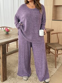 SHEIN CURVE+ 2pcs Plus Size Solid Color Ribbed Crew Neck Long Sleeve Top And Pants Set Fall - Purple - View 7