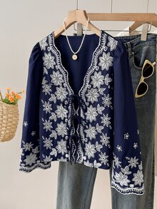 Muvela 女款花卉刺繡圖案休閒日常穿著襯衫 - 藏蓝色 - 查看 4
