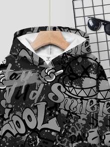 SHEIN 青少年男孩休閒簡約寬鬆圓領長袖舒適衛衣，適合秋冬，經典酷黑白嘻哈塗鴉圖案印花，適合街頭穿搭 - 彩色 - 查看 3