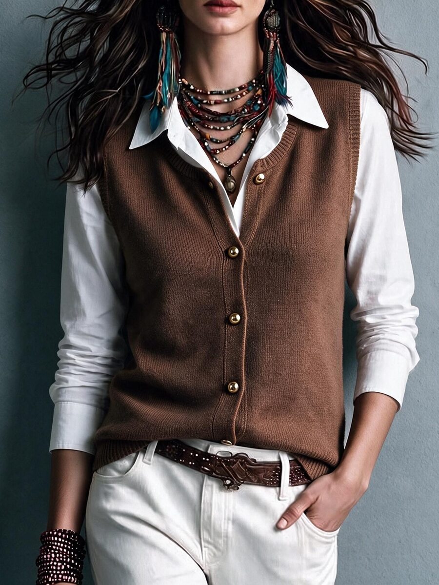 SHEIN Brown Round Neck Gold Button Sleeveless Vest Cardigan For Women , Loose Soft Flattering Layering Commuter Outerwear Going Out Tops Fashionable Tops - Brown - View 1
