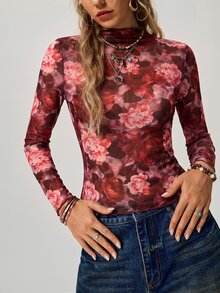 Freevana 花卉印花長袖T恤，適合度假與旅行 - 紅色 - 查看 4