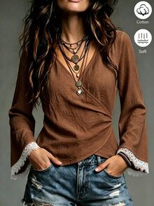 Balvessa 女款休閒優雅舒適極簡純色V領長袖蕾絲上衣 - 棕色 - 查看 1