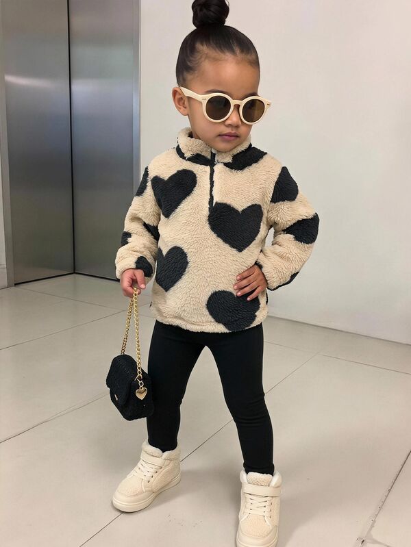 SHEIN Baby Girl Baby Girls Knit Faux Fur Heart Pattern Zip-Up Sweatshirt And Leggings 2-Piece Set, Suitable For Autumn/Winter Casual Daily Wear