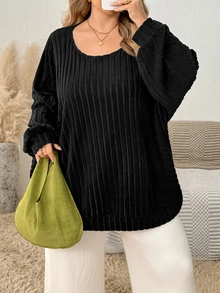 SHEIN CURVE+ Plus Size Women's Ribbed Long Sleeve Pullover, Autumn Casual Sweatshirt Fall - Black - View 4