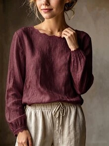 SHEIN Blus Wanita Kasual Elegan Warna Krem Muda Leher Bulat dengan Hiasan Renda Minimalis Serbaguna untuk Perjalanan Sehari-hari - Burgundy - View 5