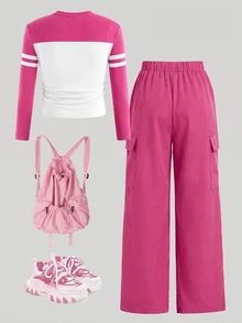 1 Set Street Style Digital Number 91 Print Girls Big Kids Fuchsia Long Sleeve Slim Fit Top And Fuchsia Straight Leg Pants Set, Fuchsia Cargo Pants, Suitable For Autumn/Winter, Fashion Casual - Multicolor - View 4