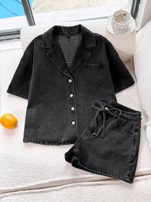 Comfortcana 女款短袖單排扣襯衫與牛仔短褲套裝，職場穿搭 - 黑色 - 查看 3