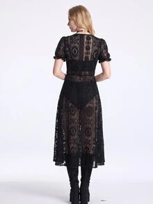 Breakform Gothic  Halloween Women's Black Lace Dark Vintage Single-Breasted Open Front Puff Sleeve Long Sheer Dress (Random Floral Pattern) - Black - View 2