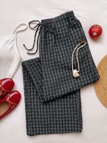 SHEIN EZwear 大尺碼女款春夏格紋抽繩腰口袋長褲 - 黑色 - 查看 10