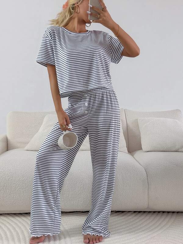 Softscene Women's Casual Striped Print Pullover Short Sleeve Long Pants Pajama Set