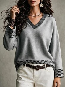SHEIN Holidaya Vintage Leopard Print Patchwork V-Neck Sweater Women Loose Drop Shoulder Slouchy Contrast Color Long Sleeve Knit Pullover Top - Grey - View 4