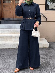 Solavon Women's Button-Up Pleated Long Sleeve Shirt And Loose Long Pants 2 Pieces Set - Navy Blue - View 3