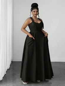 Maweii Fashionable Sexy Charming Metal Buckle Shirred Plus Size Cami Dress, Daily Fashion Dress, New Plus Size Dress - Black - View 4