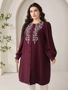 SHEIN CURVE+ Kemeja Wanita Ukuran Besar Motif Bordir Bunga Kasual Elegan untuk Pemakaian Sehari-hari, Musim Gugur, Formal, Pesta Malam, Warna Burgundy - Burgundy - View 8