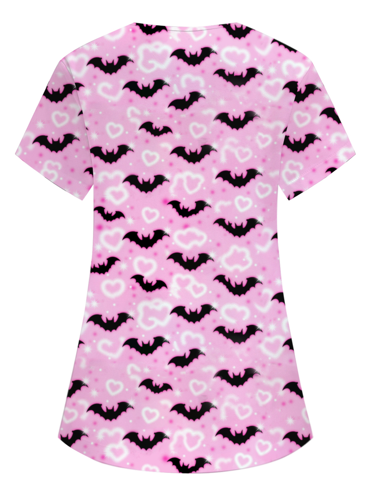 PopScrub Pink Halloween V-Neck Short Sleeve Double Pocket Cute Halloween Bat Cartoon Print Design Nurse, Lab, Doctor Work Uniform, Multi-Pocket Functional Holiday Outfit, Halloween Women's Top, Trick Or Treat, Halloween Party, Halloween Decoration, Scary, Cute - Pink - View 2